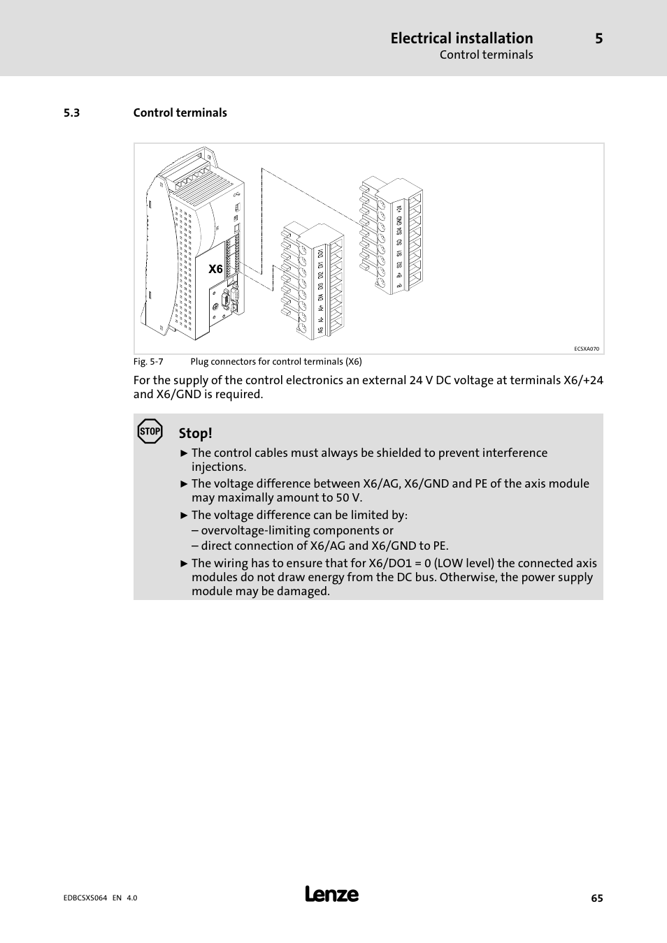 3 control terminals, Control terminals, Electrical installation | Lenze ECSCSxxx User Manual | Page 65 / 484