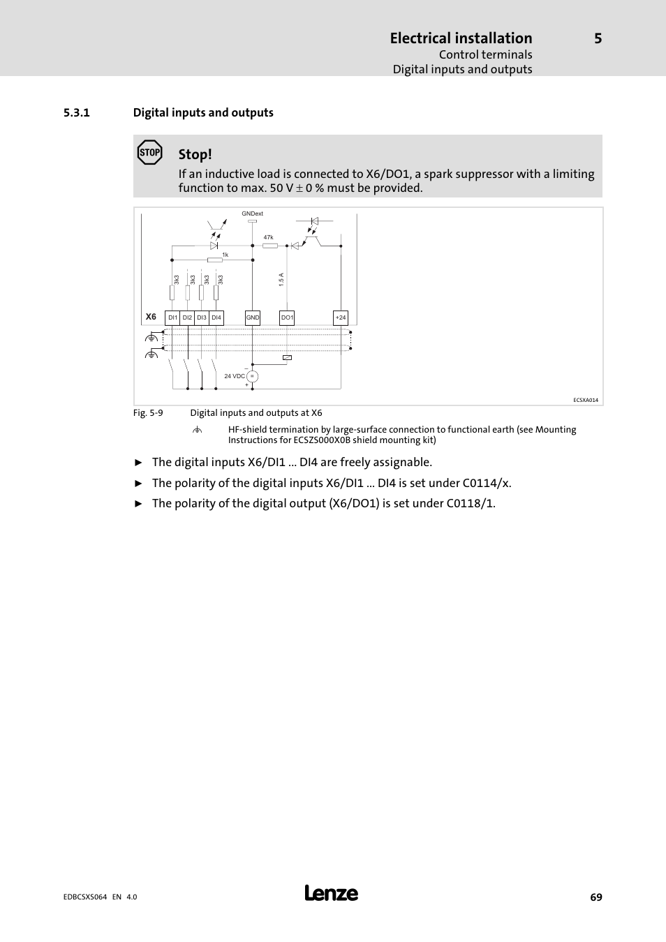 1 digital inputs and outputs, Digital inputs and outputs, Electrical installation | Stop | Lenze ECSCSxxx User Manual | Page 69 / 484