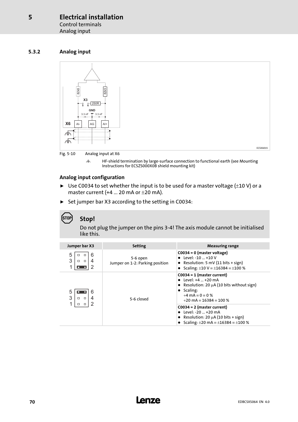 2 analog input, Analog input, Electrical installation | Stop | Lenze ECSCSxxx User Manual | Page 70 / 484