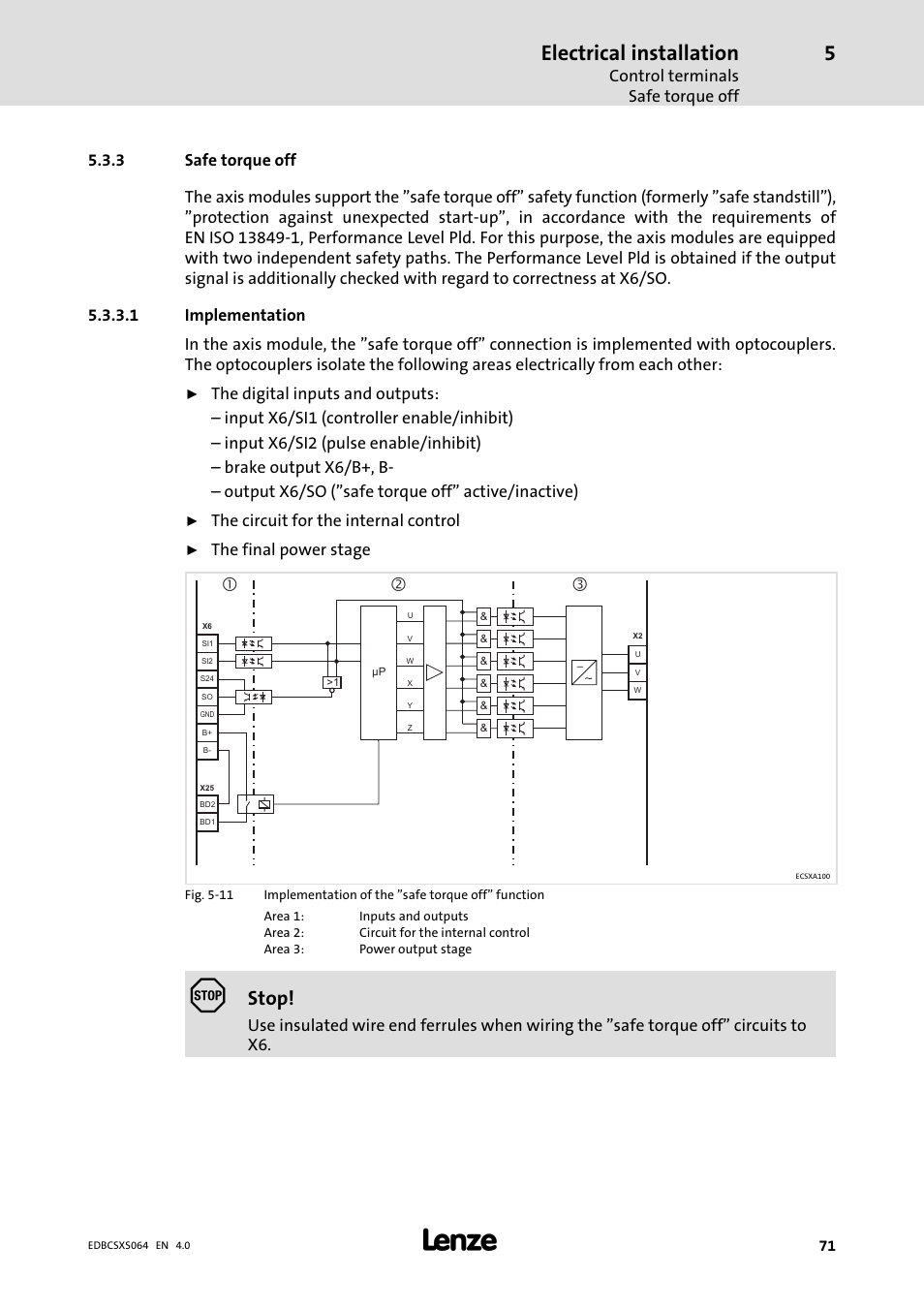 3 safe torque off, Safe torque off, Electrical installation | Stop, Control terminals safe torque off, The circuit for the internal control, The final power stage | Lenze ECSCSxxx User Manual | Page 71 / 484