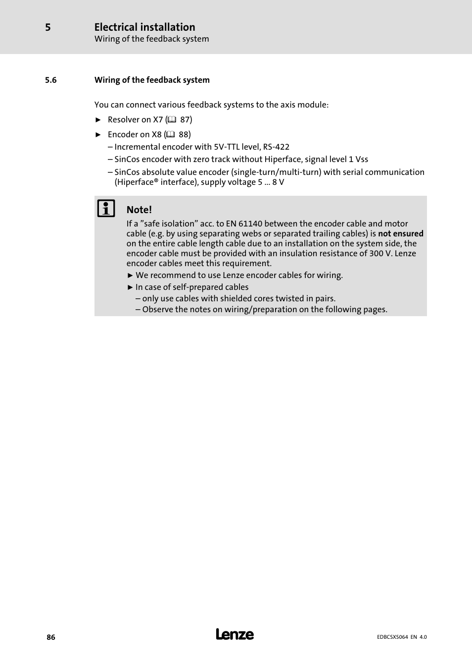 6 wiring of the feedback system, Wiring of the feedback system | Lenze ECSCSxxx User Manual | Page 86 / 484