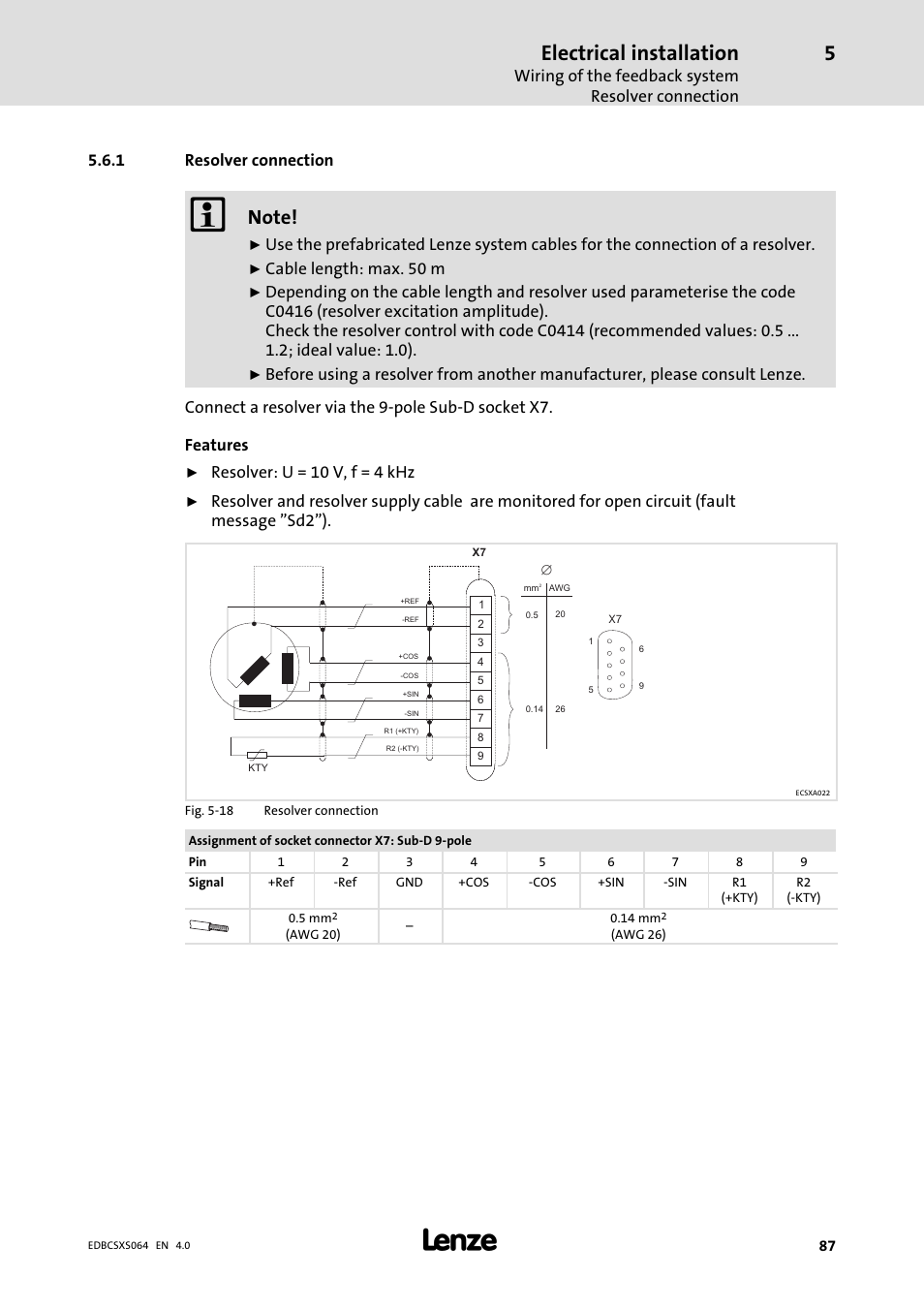 1 resolver connection, Resolver connection, Electrical installation | Wiring of the feedback system resolver connection, Cable length: max. 50 m, Resolver: u = 10 v, f = 4 khz | Lenze ECSCSxxx User Manual | Page 87 / 484