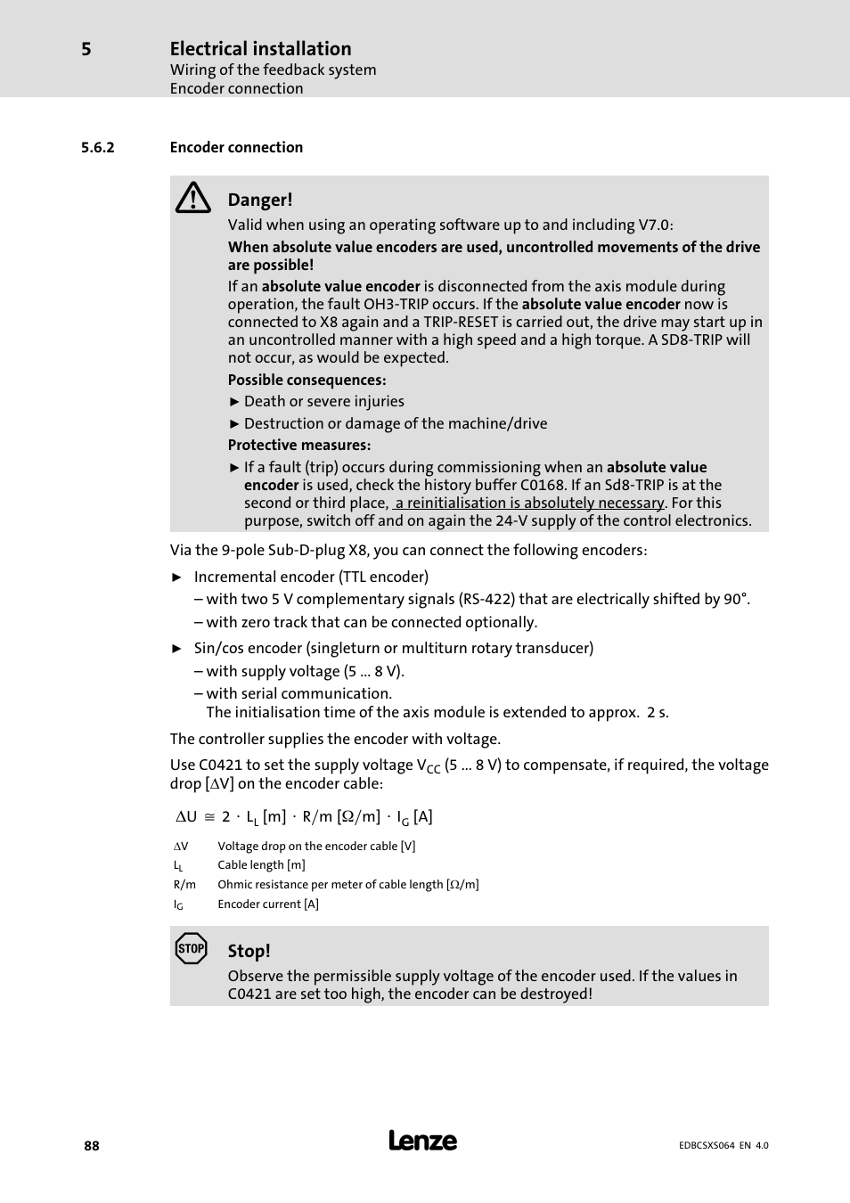 2 encoder connection, Encoder connection, Electrical installation | Lenze ECSCSxxx User Manual | Page 88 / 484