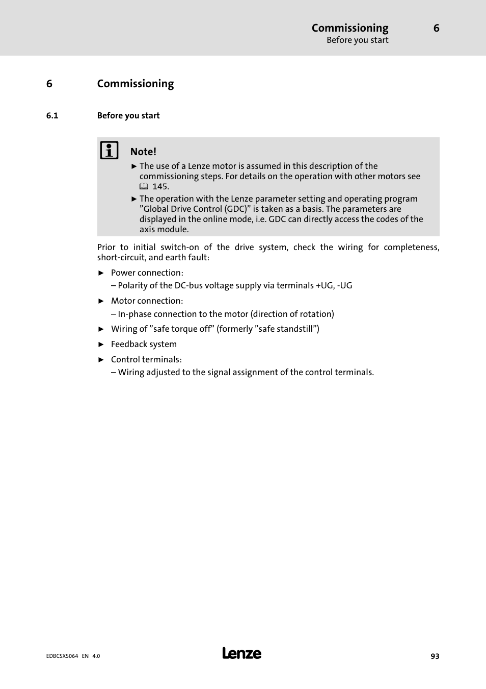 6 commissioning, 1 before you start, Commissioning | Before you start | Lenze ECSCSxxx User Manual | Page 93 / 484