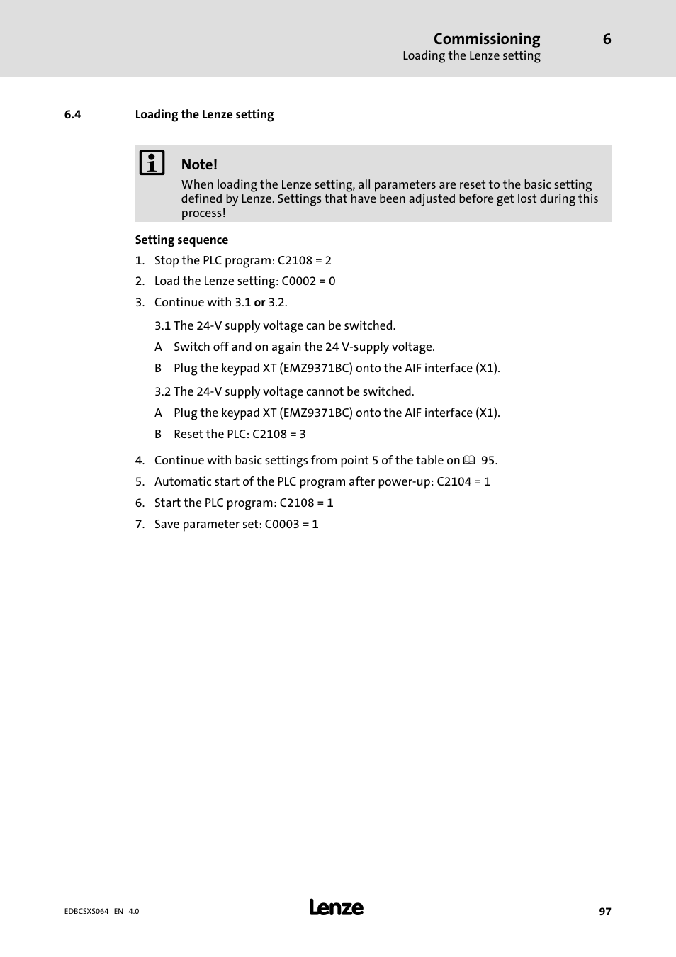 4 loading the lenze setting, Loading the lenze setting | Lenze ECSCSxxx User Manual | Page 97 / 484