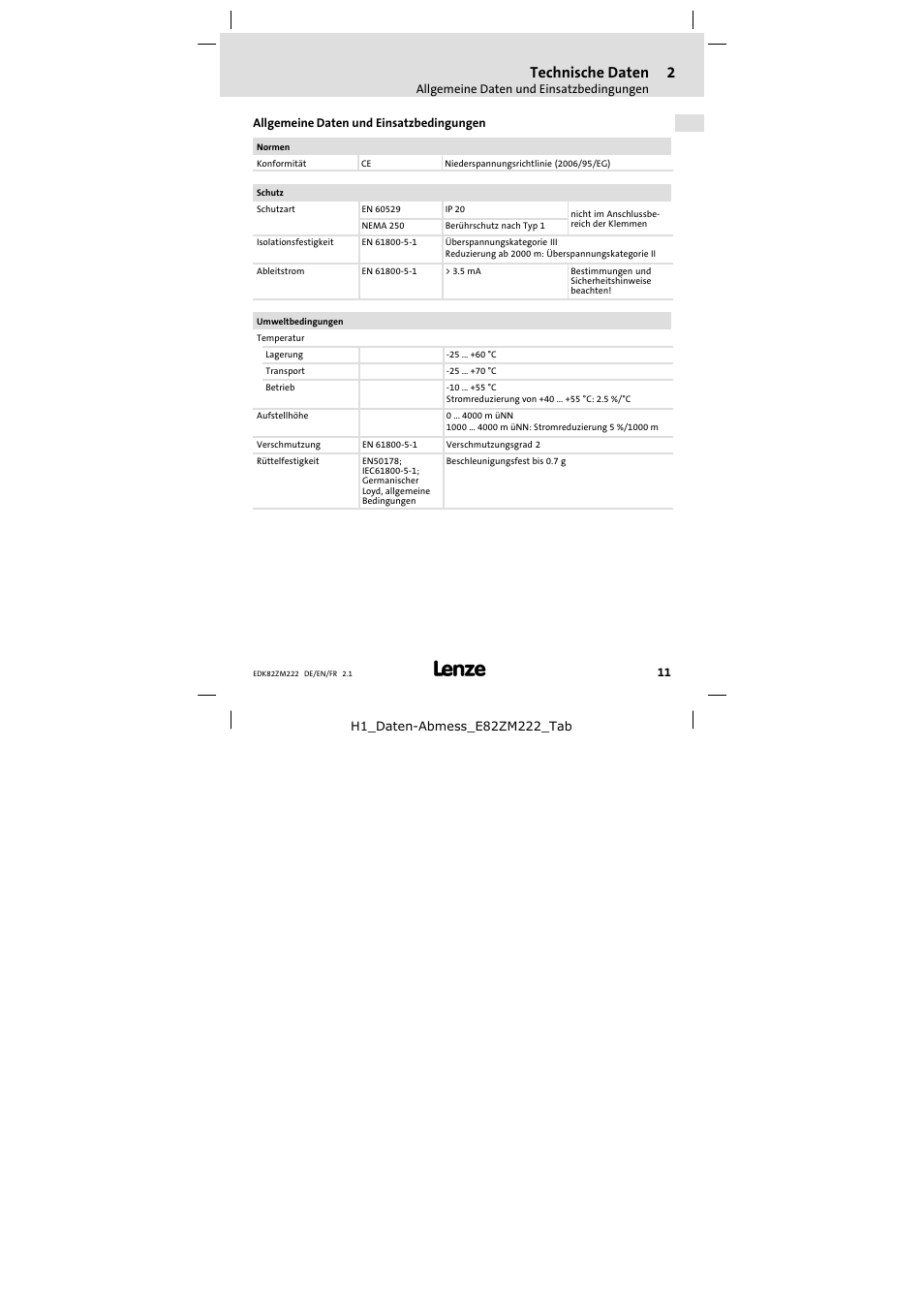 2 technische daten, Allgemeine daten und einsatzbedingungen, Technische daten | Lenze E82ZM222 Motor filter User Manual | Page 11 / 48