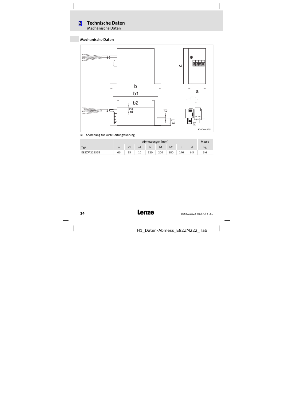 Mechanische daten, 2technische daten, A a1 b b1 b2 a2 c d | Lenze E82ZM222 Motor filter User Manual | Page 14 / 48