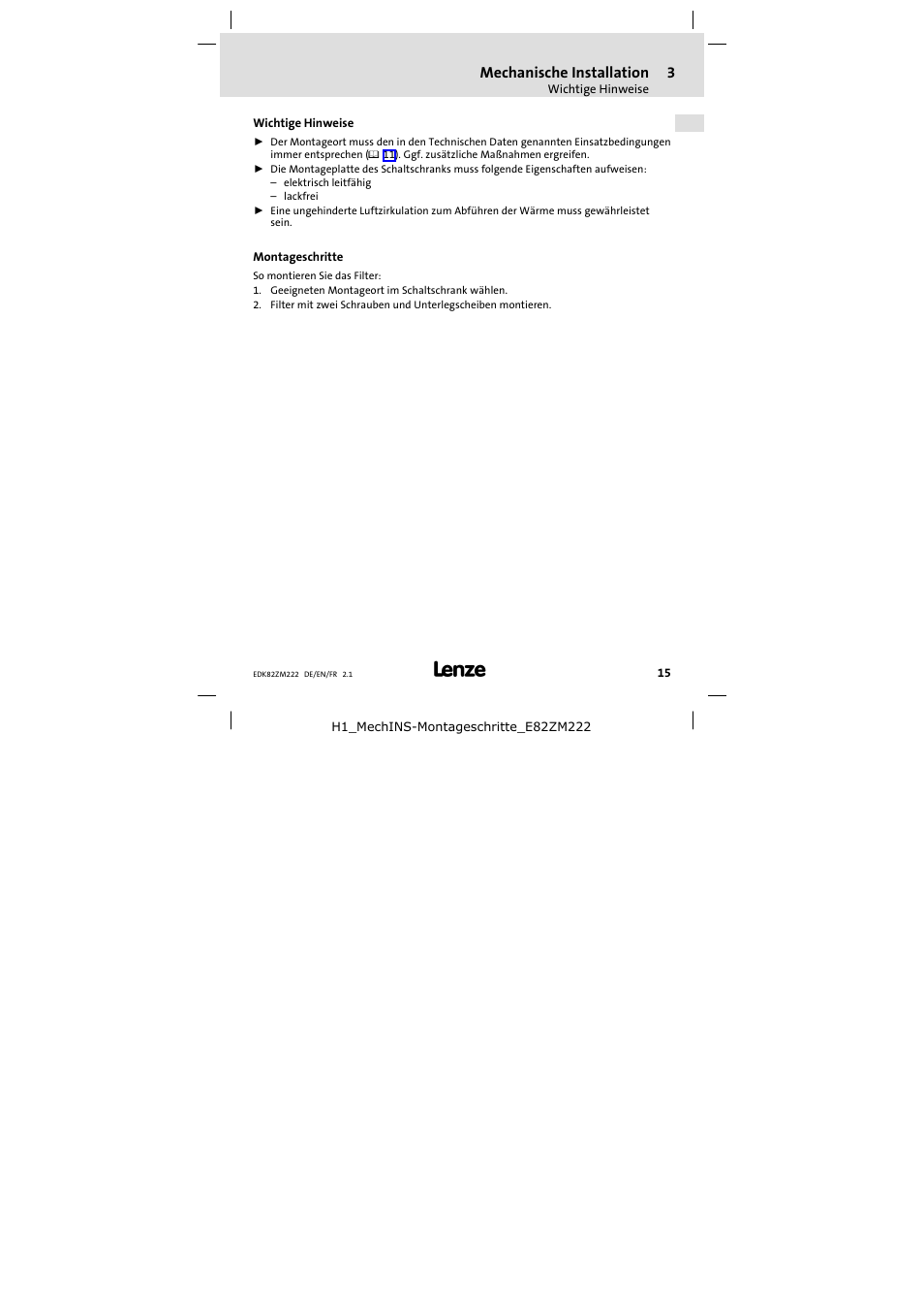 3 mechanische installation, Wichtige hinweise, Montageschritte | Mechanische installation | Lenze E82ZM222 Motor filter User Manual | Page 15 / 48