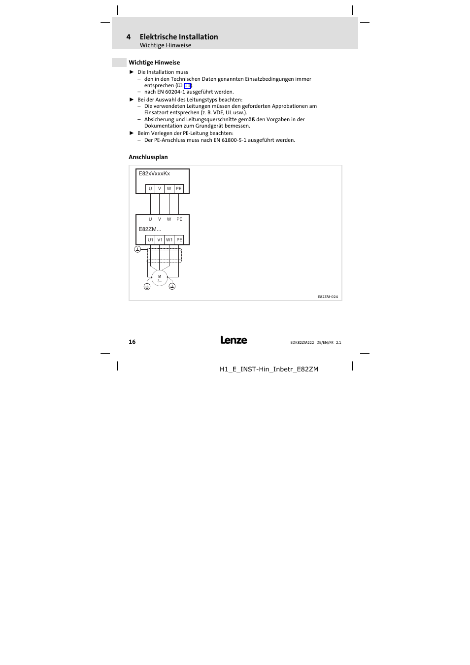 4 elektrische installation, Wichtige hinweise, Anschlussplan | Elektrische installation, 4elektrische installation | Lenze E82ZM222 Motor filter User Manual | Page 16 / 48