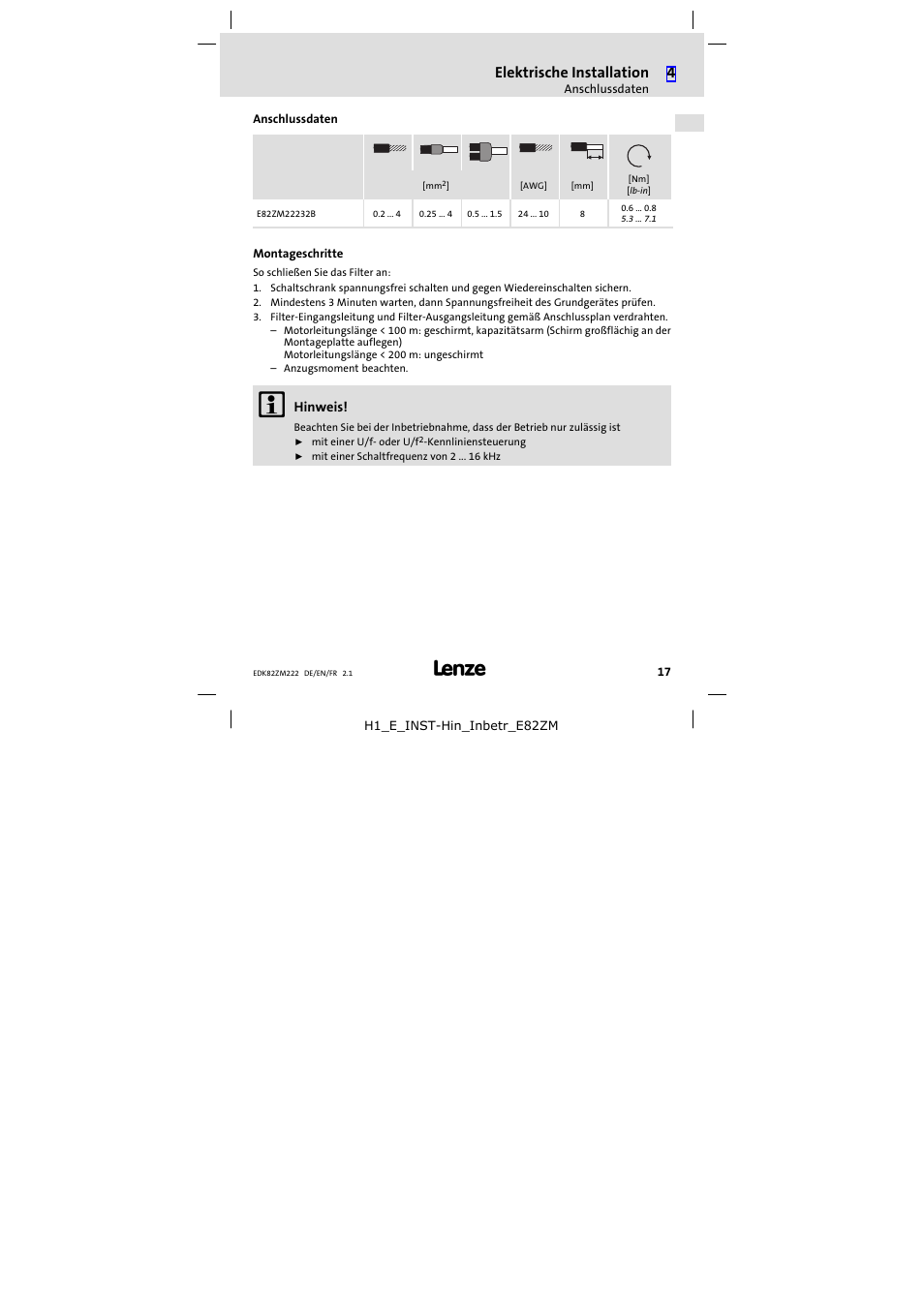 Anschlussdaten, Montageschritte, Elektrische installation | Lenze E82ZM222 Motor filter User Manual | Page 17 / 48