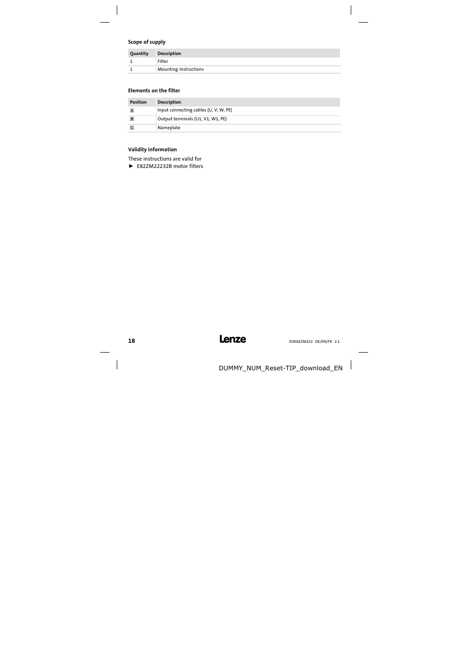 Scope of supply | Lenze E82ZM222 Motor filter User Manual | Page 18 / 48