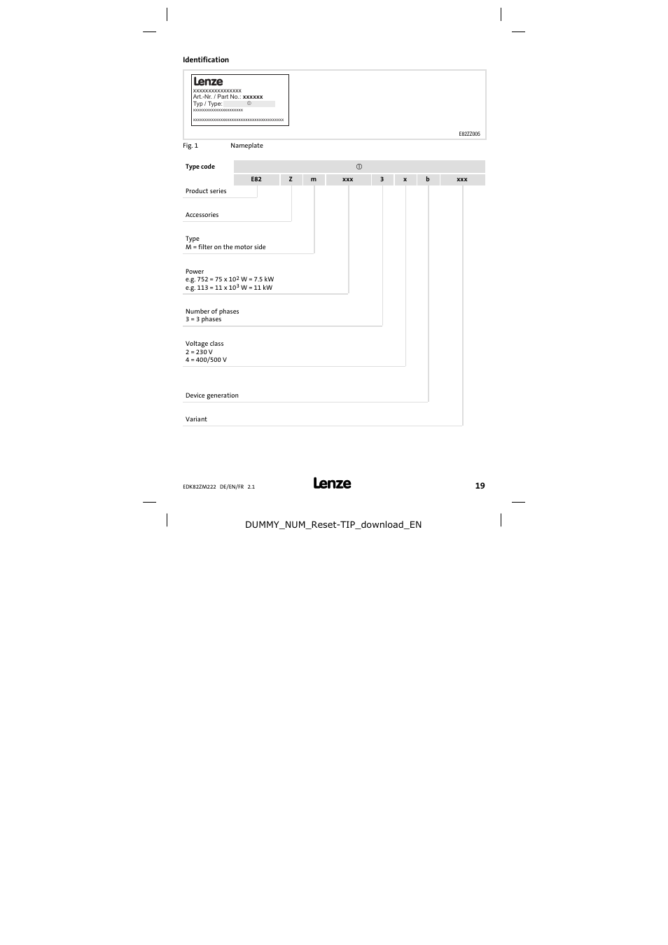 Identification | Lenze E82ZM222 Motor filter User Manual | Page 19 / 48