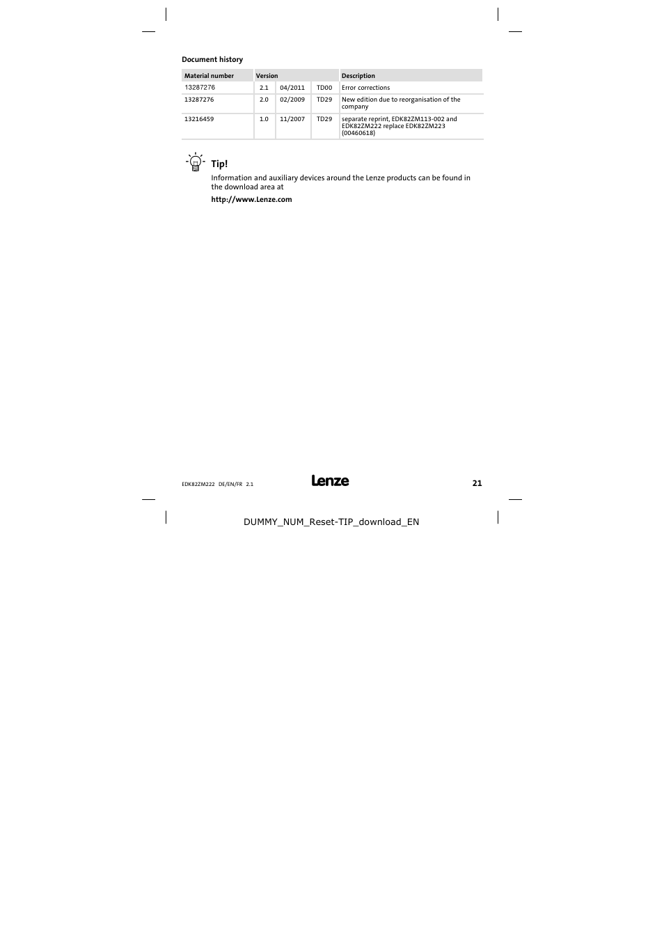 Document history | Lenze E82ZM222 Motor filter User Manual | Page 21 / 48