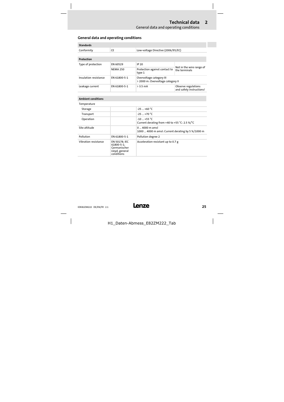 2 technical data, General data and operating conditions, Technical data | Lenze E82ZM222 Motor filter User Manual | Page 25 / 48