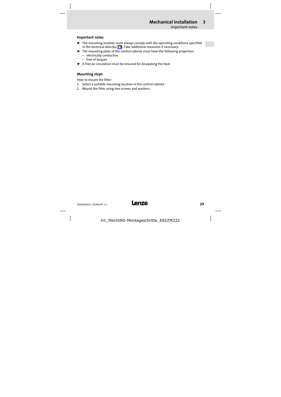 3 mechanical installation, Important notes, Mounting steps | Mechanical installation | Lenze E82ZM222 Motor filter User Manual | Page 29 / 48