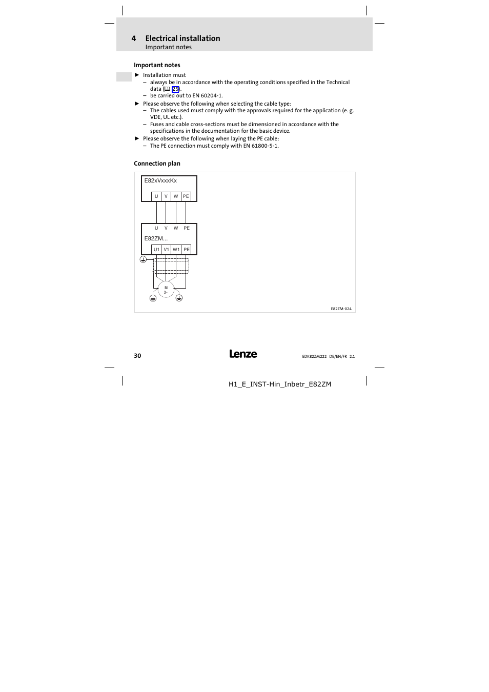 4 electrical installation, Important notes, Connection plan | Electrical installation, 4electrical installation | Lenze E82ZM222 Motor filter User Manual | Page 30 / 48