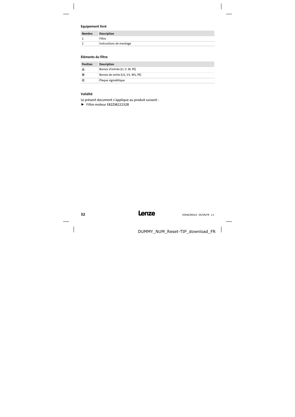 Equipement livré | Lenze E82ZM222 Motor filter User Manual | Page 32 / 48