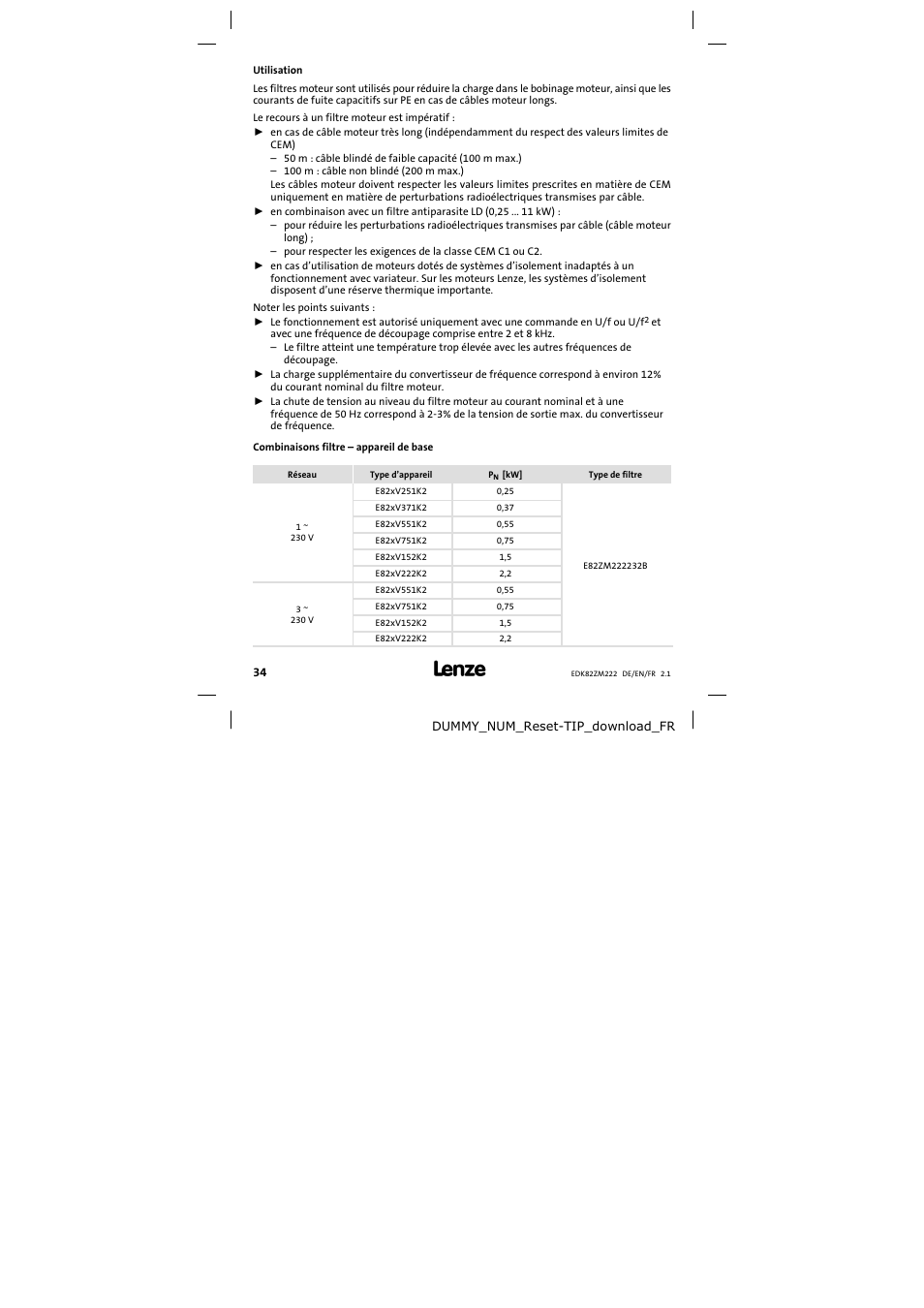 Utilisation | Lenze E82ZM222 Motor filter User Manual | Page 34 / 48