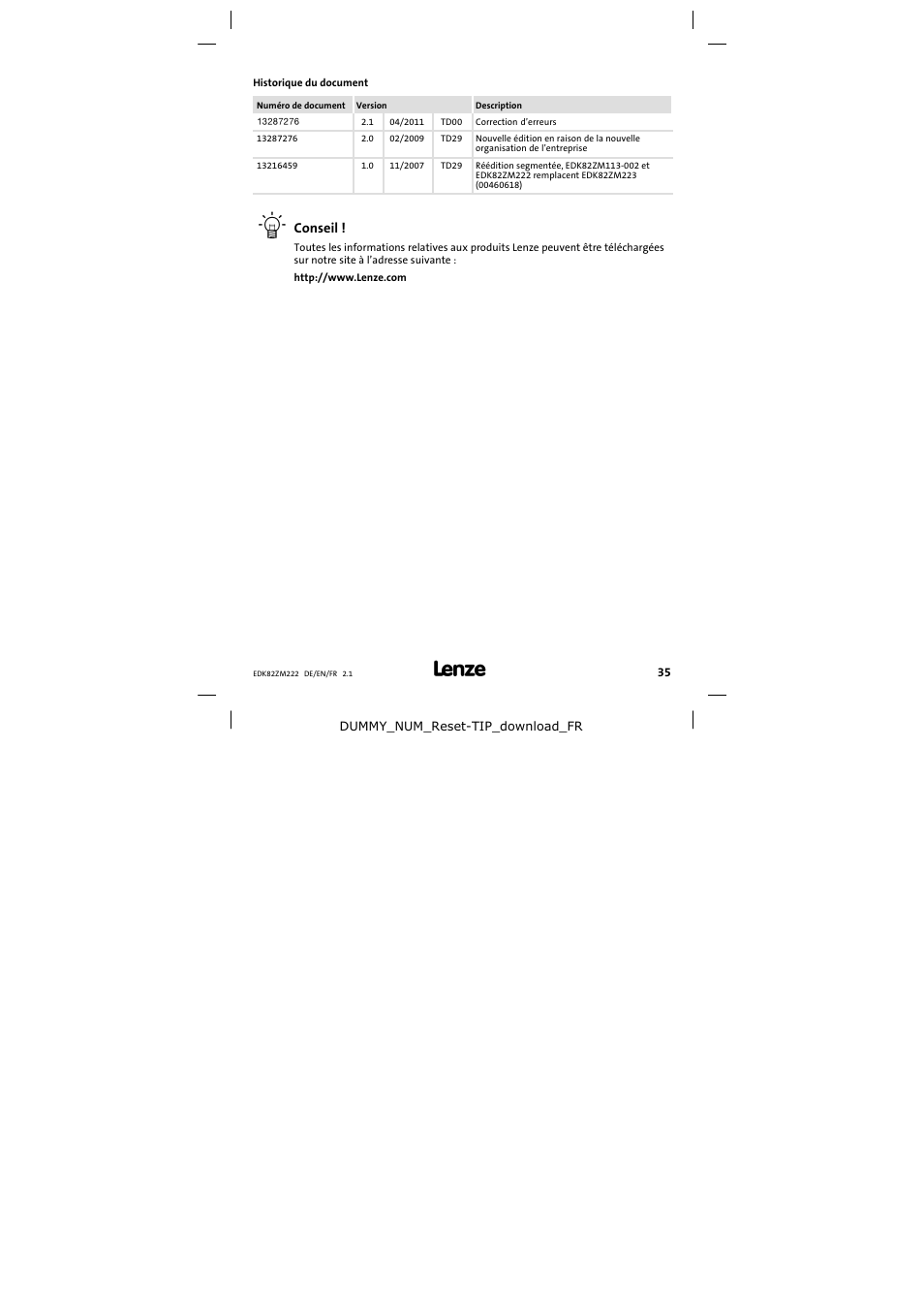 Historique du document | Lenze E82ZM222 Motor filter User Manual | Page 35 / 48