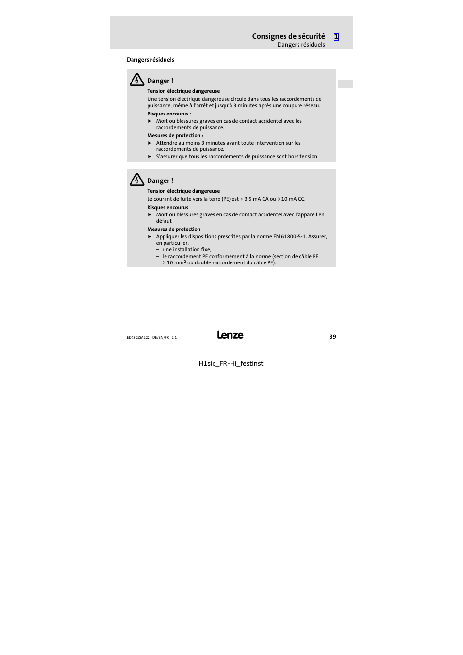 Dangers résiduels | Lenze E82ZM222 Motor filter User Manual | Page 39 / 48