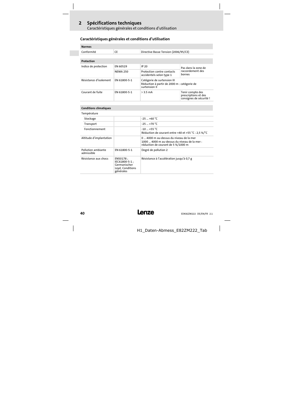 2 spécifications techniques, Spécifications techniques, 2spécifications techniques | Lenze E82ZM222 Motor filter User Manual | Page 40 / 48