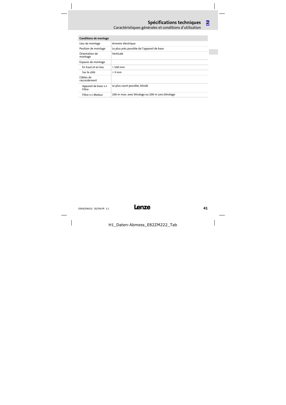 Spécifications techniques | Lenze E82ZM222 Motor filter User Manual | Page 41 / 48