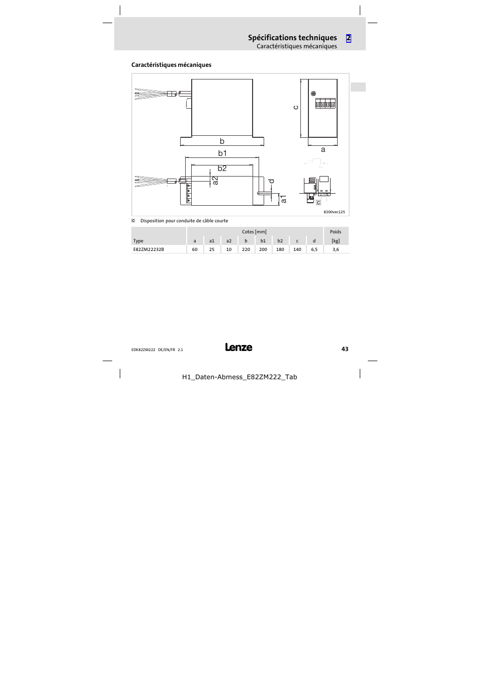 Caractéristiques mécaniques, Spécifications techniques, A a1 b b1 b2 a2 c d | Lenze E82ZM222 Motor filter User Manual | Page 43 / 48