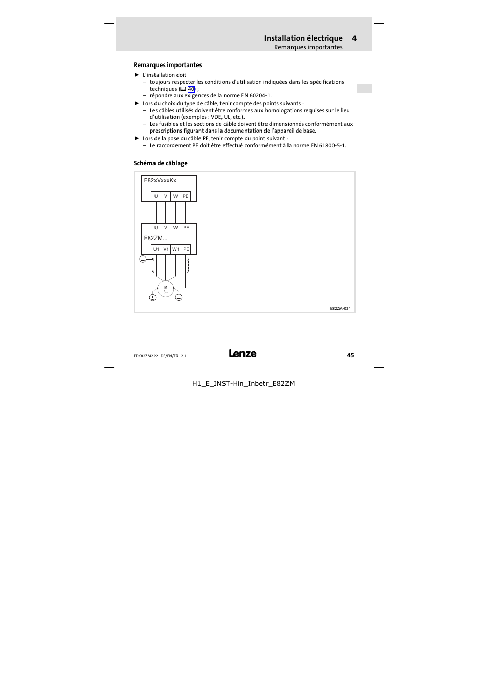 4 installation électrique, Remarques importantes, Schéma de câblage | Installation électrique | Lenze E82ZM222 Motor filter User Manual | Page 45 / 48