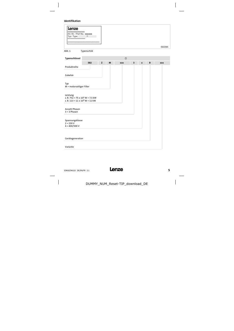 Identifikation | Lenze E82ZM222 Motor filter User Manual | Page 5 / 48