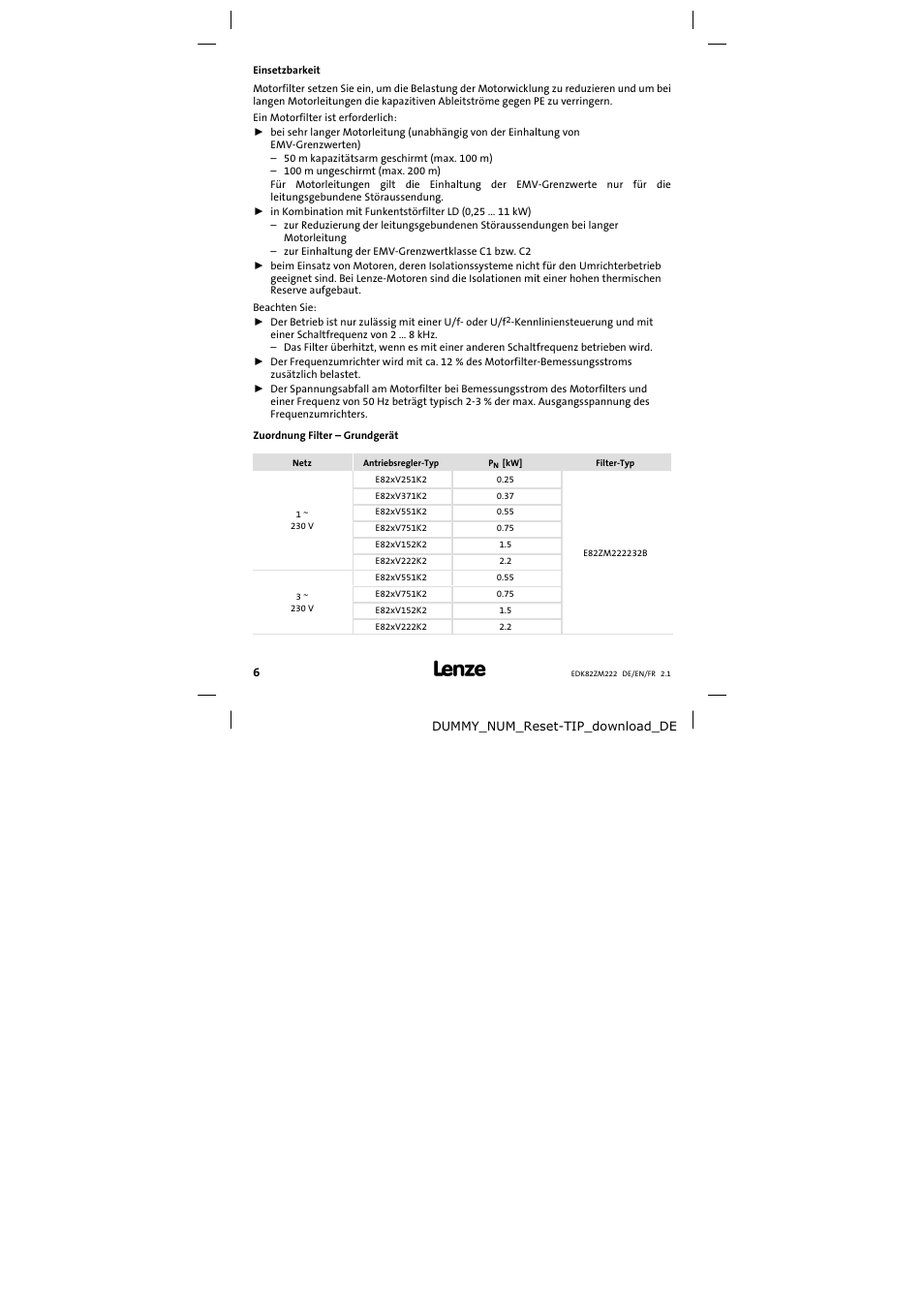 Einsetzbarkeit | Lenze E82ZM222 Motor filter User Manual | Page 6 / 48