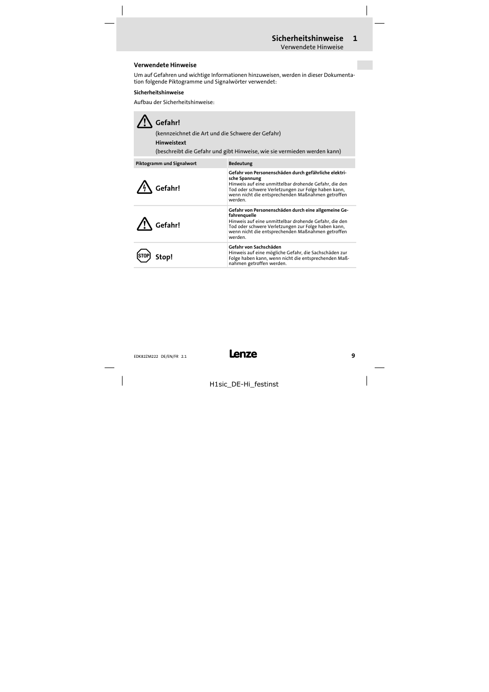 1 sicherheitshinweise, Verwendete hinweise, Sicherheitshinweise | Lenze E82ZM222 Motor filter User Manual | Page 9 / 48