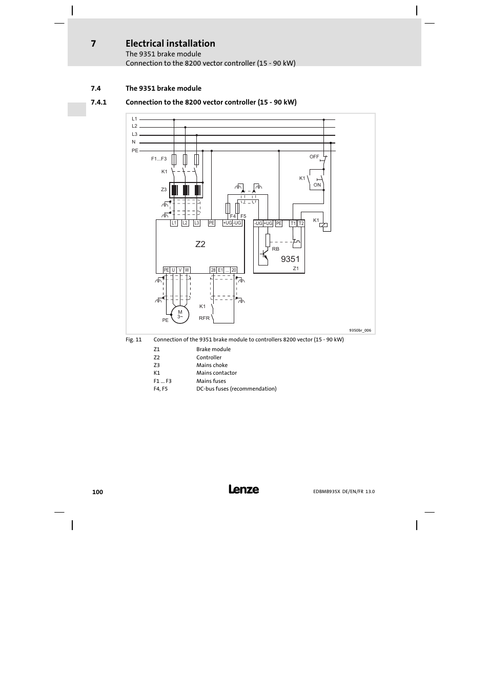 The 9351 brake module, Electrical installation | Lenze EMB9352−C User Manual | Page 100 / 174