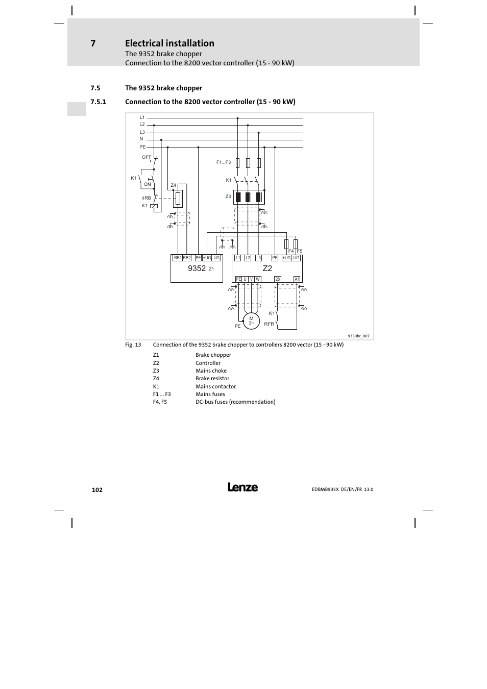 The 9352 brake chopper, Electrical installation | Lenze EMB9352−C User Manual | Page 102 / 174