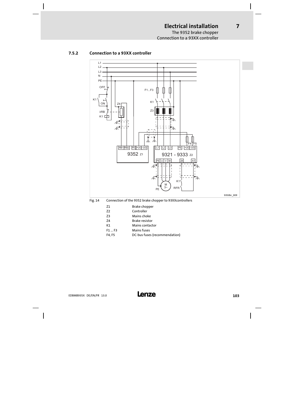 Connection to a 93xx controller, Electrical installation | Lenze EMB9352−C User Manual | Page 103 / 174
