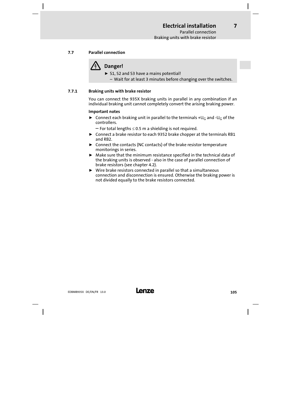 Parallel connection, Braking units with brake resistor, Electrical installation | Lenze EMB9352−C User Manual | Page 105 / 174
