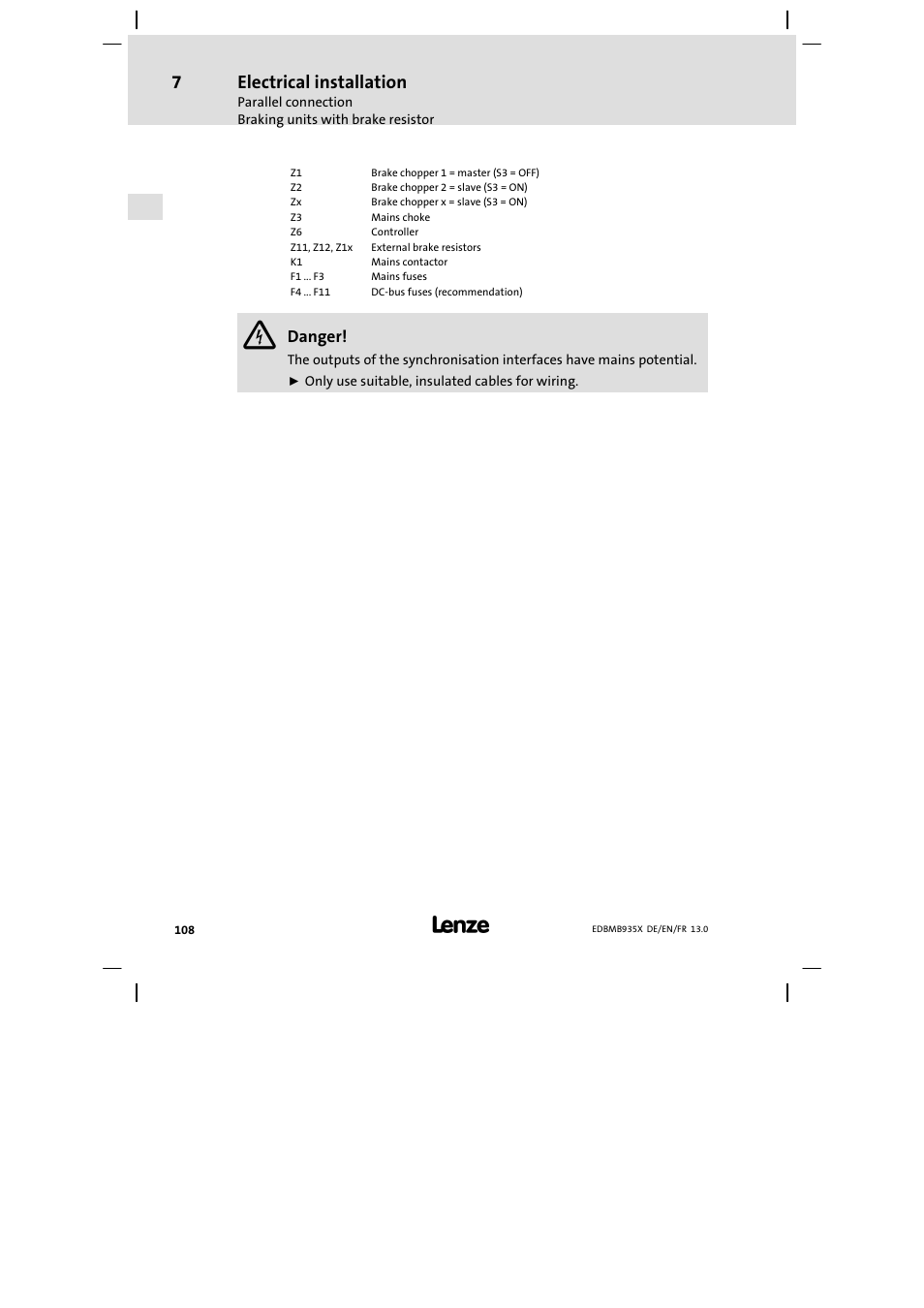 Electrical installation, Danger | Lenze EMB9352−C User Manual | Page 108 / 174