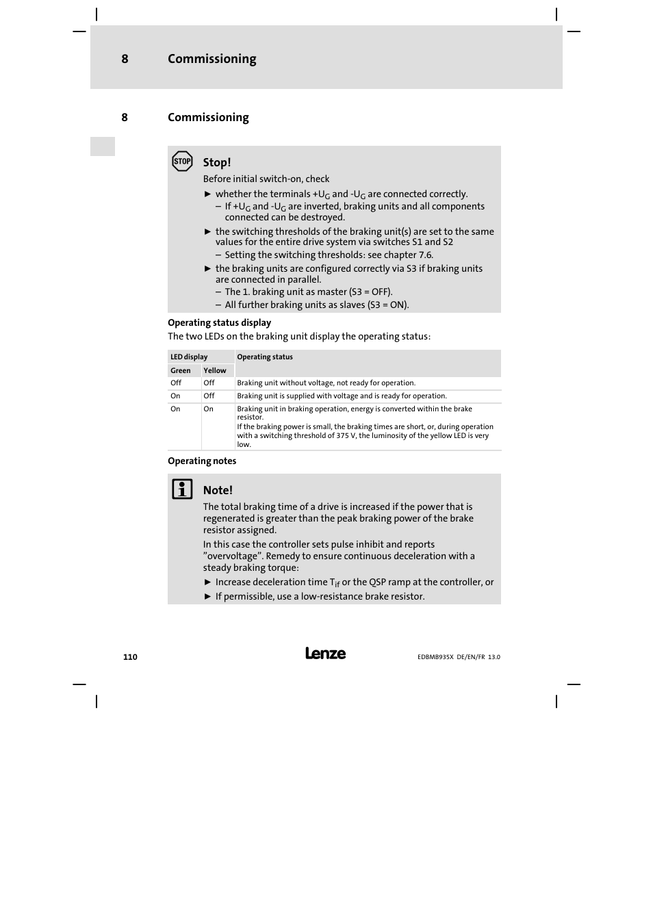 Commissioning, Commissioning 8 | Lenze EMB9352−C User Manual | Page 110 / 174