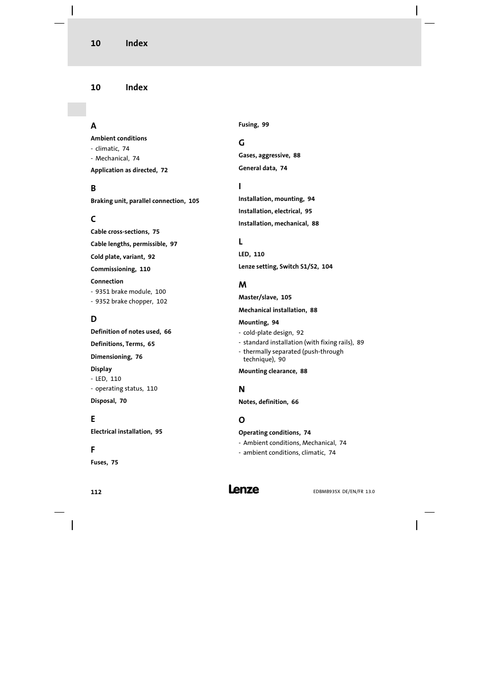 Index | Lenze EMB9352−C User Manual | Page 112 / 174