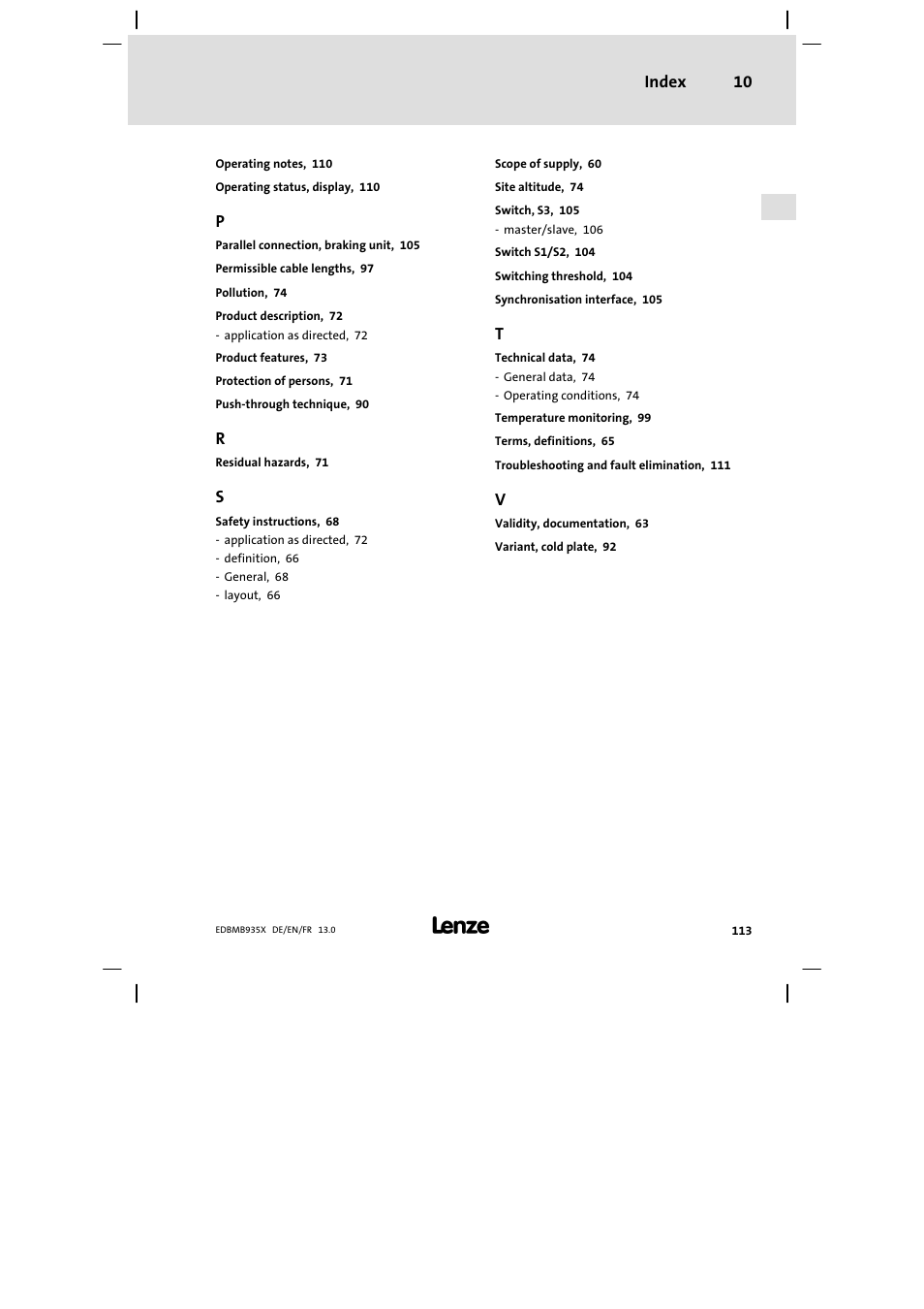 Index 10 | Lenze EMB9352−C User Manual | Page 113 / 174
