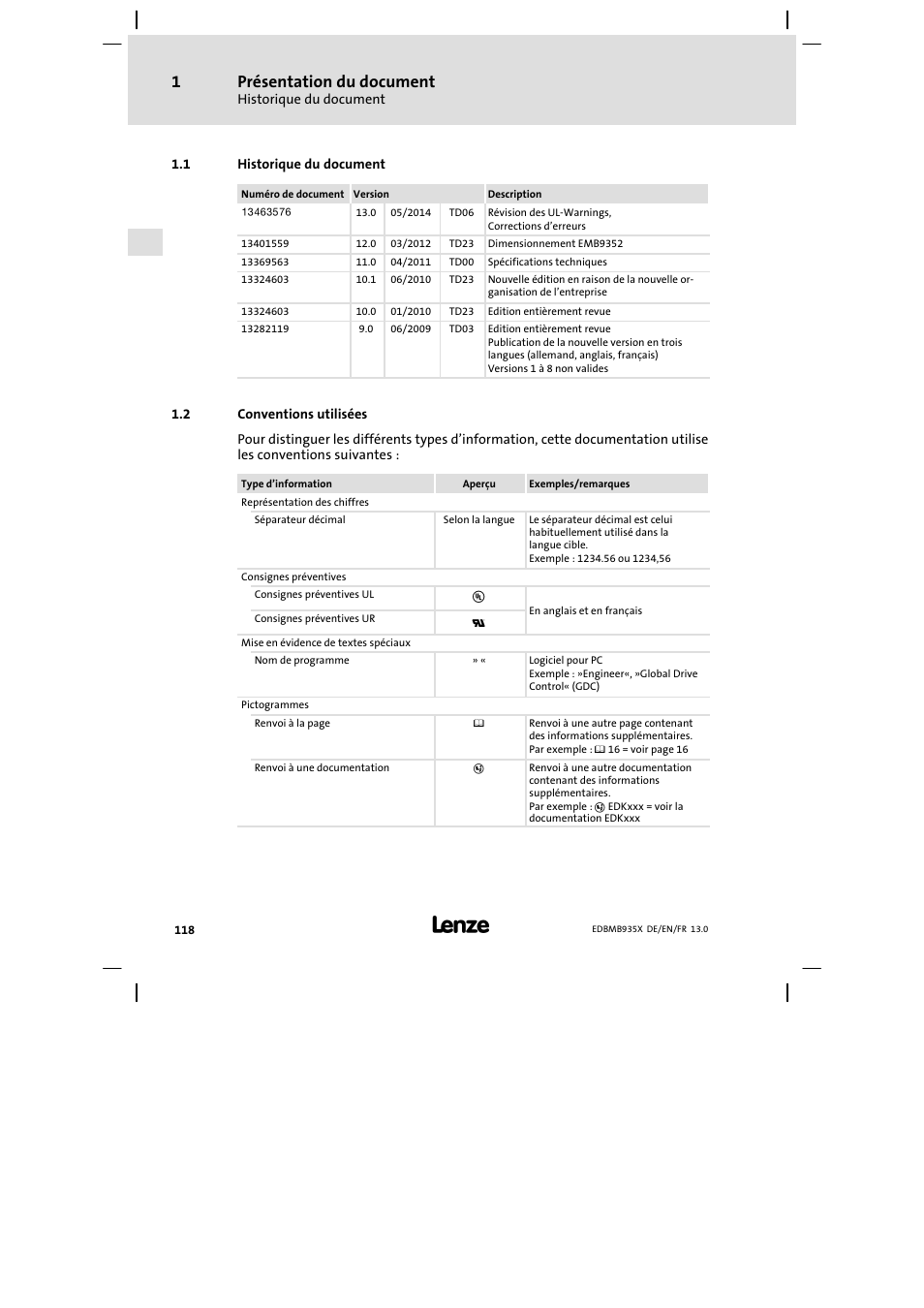 Historique du document, Conventions utilisées, Présentation du document | Lenze EMB9352−C User Manual | Page 118 / 174