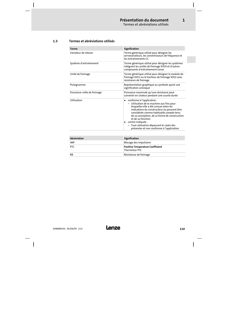 Termes et abréviations utilisés, Présentation du document | Lenze EMB9352−C User Manual | Page 119 / 174