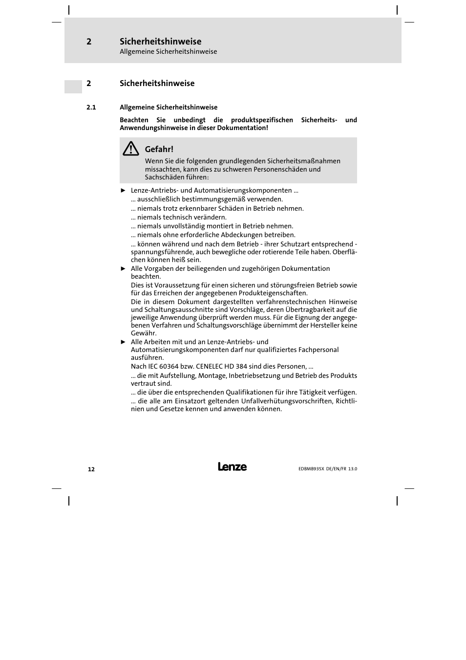 Sicherheitshinweise, Allgemeine sicherheitshinweise | Lenze EMB9352−C User Manual | Page 12 / 174