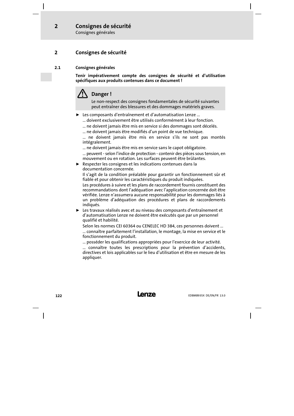 Consignes de sécurité, Consignes générales | Lenze EMB9352−C User Manual | Page 122 / 174