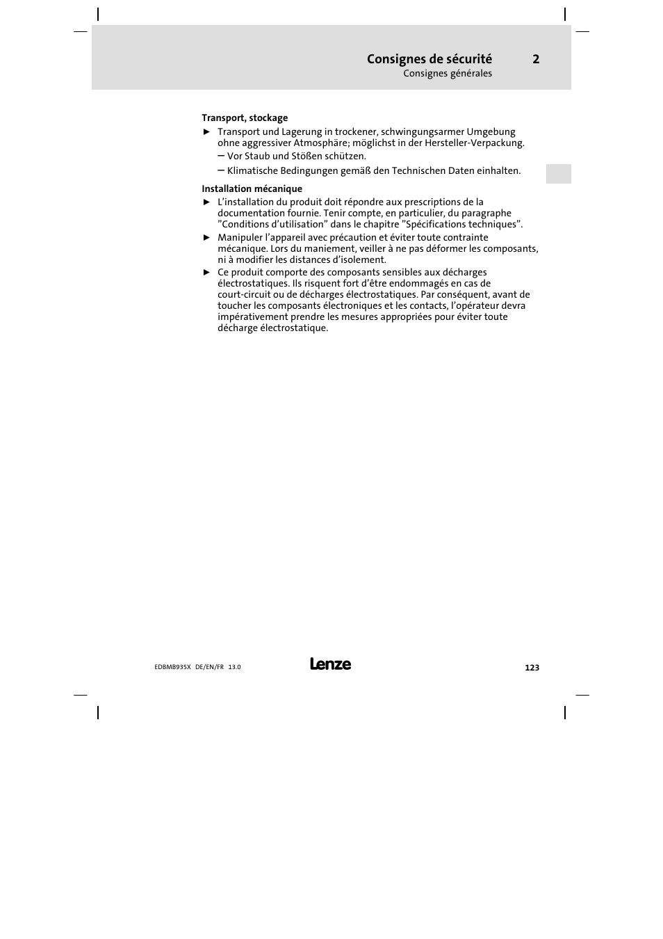 Consignes de sécurité | Lenze EMB9352−C User Manual | Page 123 / 174