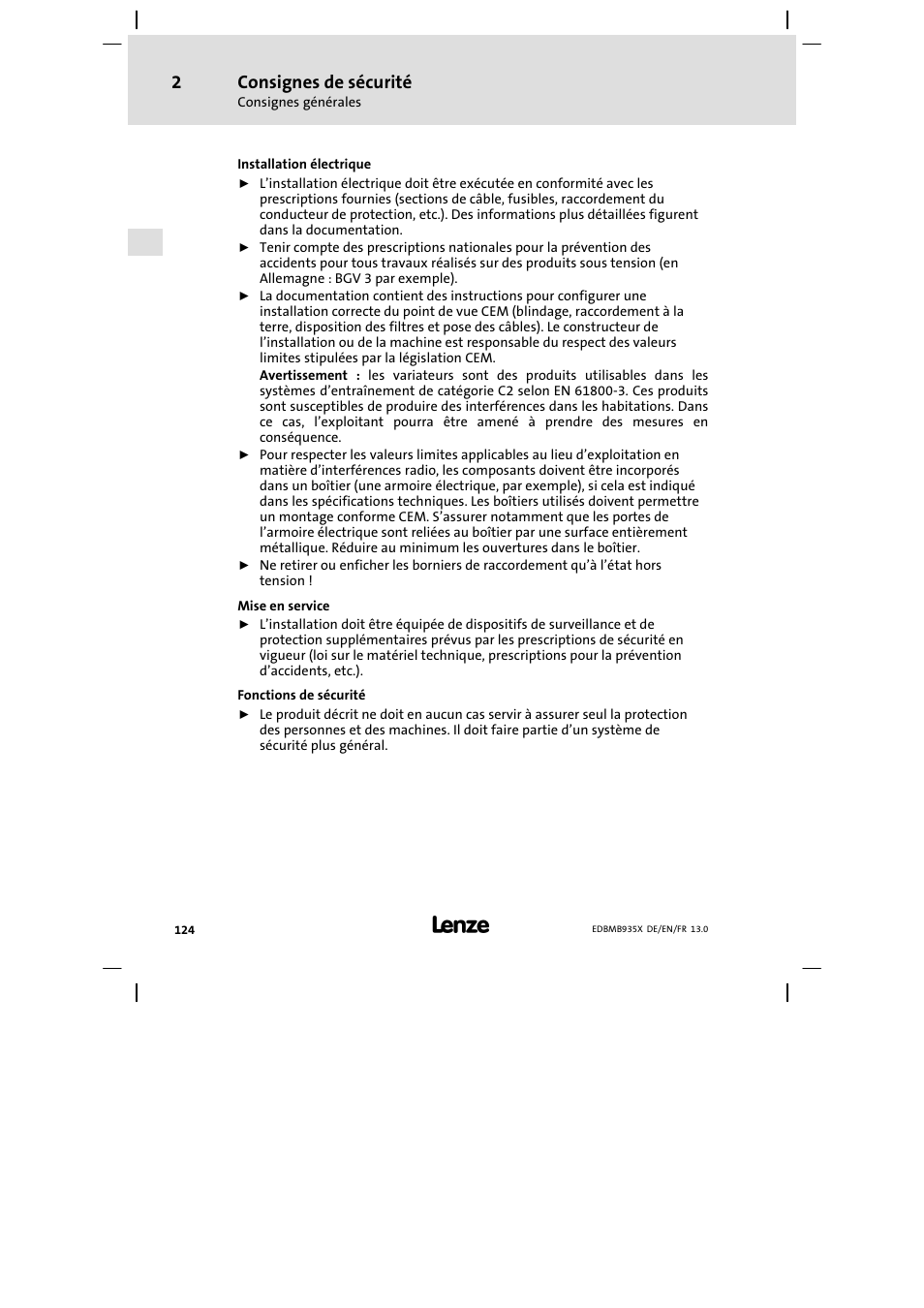 Consignes de sécurité | Lenze EMB9352−C User Manual | Page 124 / 174