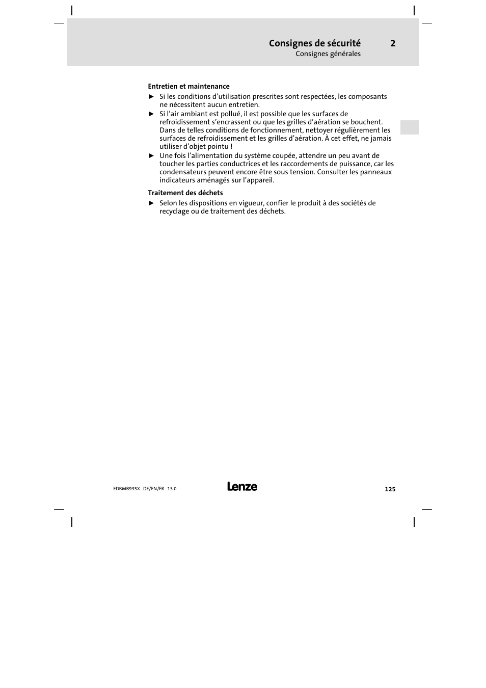 Consignes de sécurité | Lenze EMB9352−C User Manual | Page 125 / 174