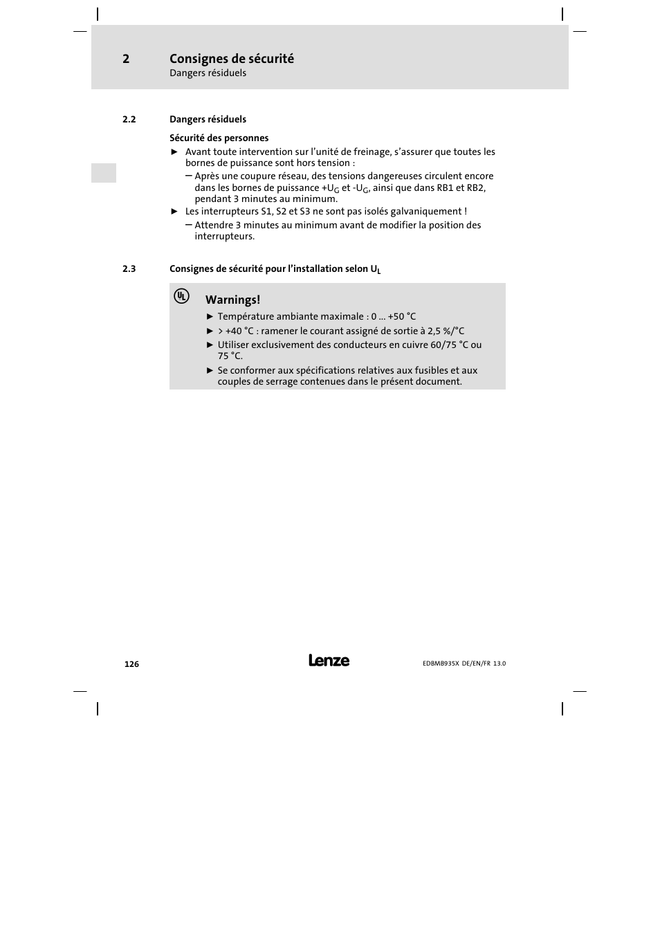 Dangers résiduels, Consignes de sécurité pour l'installation selon ul, Consignes de sécurité pour l’installation selon ul | Consignes de sécurité | Lenze EMB9352−C User Manual | Page 126 / 174