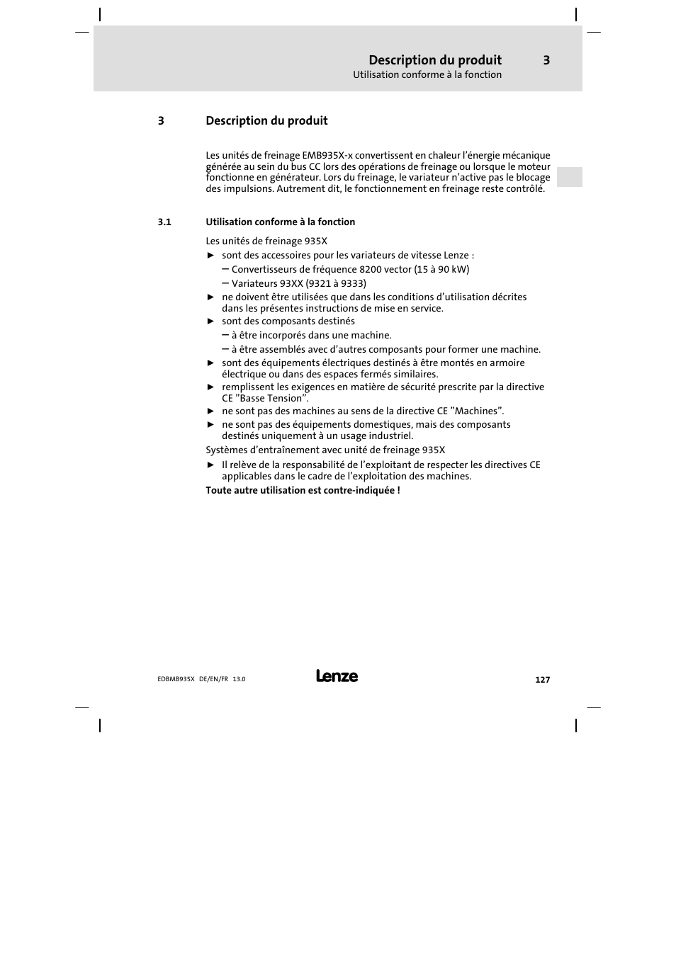 Description du produit, Utilisation conforme à la fonction | Lenze EMB9352−C User Manual | Page 127 / 174