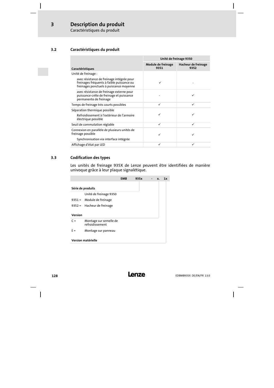 Caractéristiques du produit, Codification des types, Description du produit | Lenze EMB9352−C User Manual | Page 128 / 174