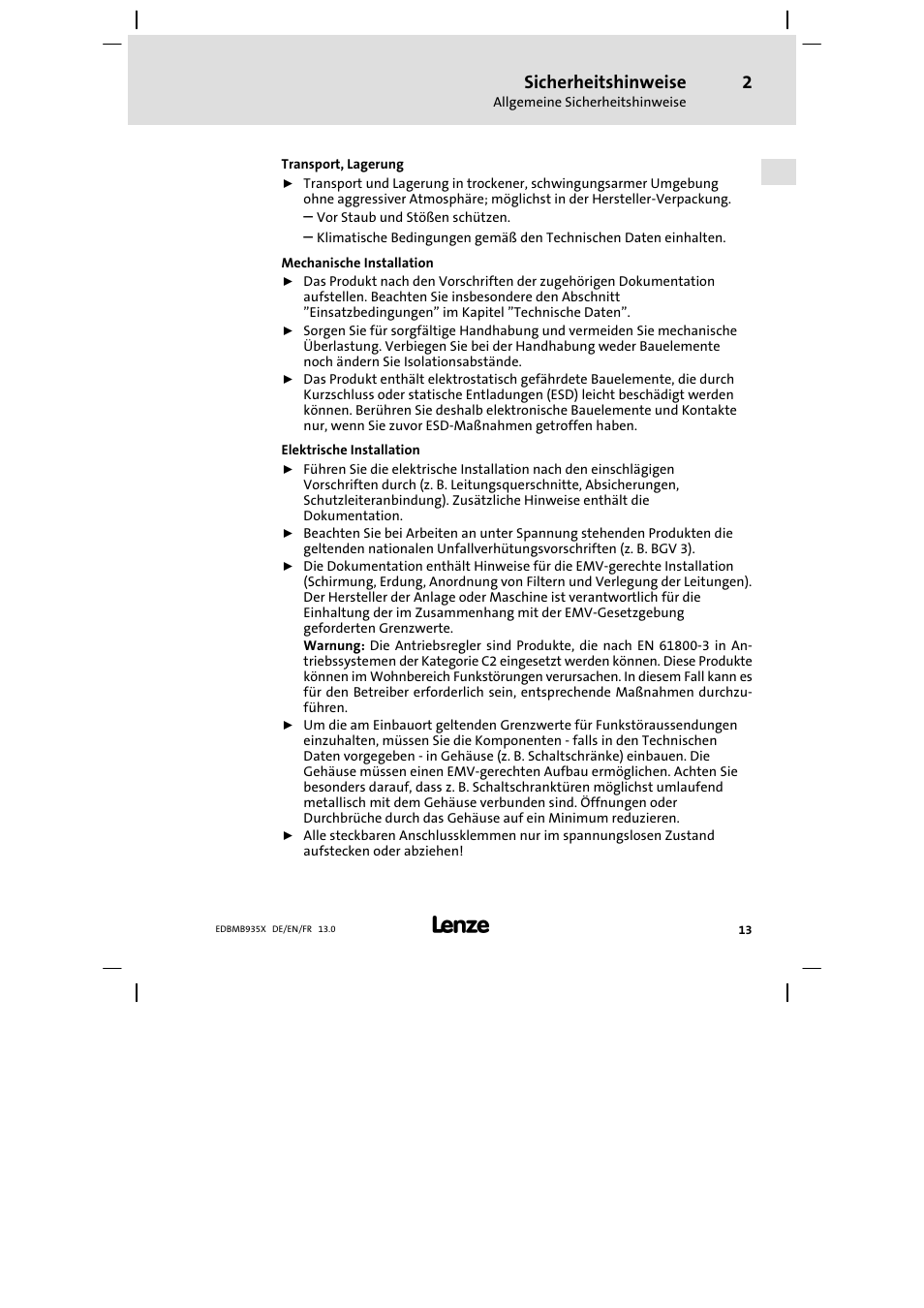 Sicherheitshinweise | Lenze EMB9352−C User Manual | Page 13 / 174